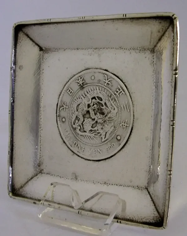 RARE CHINESE EXPORT STERLING SILVER ONE YEN JAPANESE COIN DISH ANTIQUE c1910