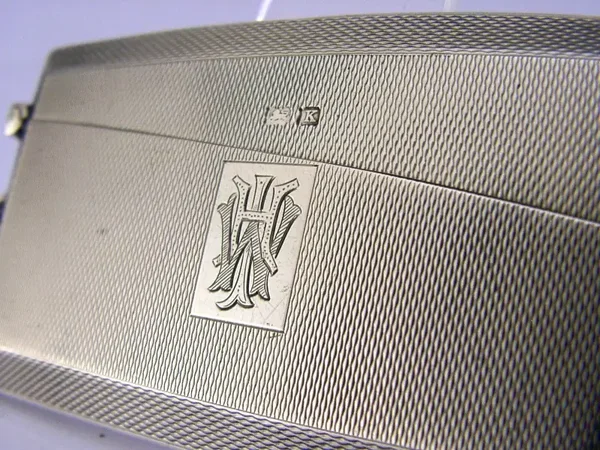 STYLISH ENGLISH STERLING SILVER ENGINE TURNED CARD CASE 1934 ART DECO