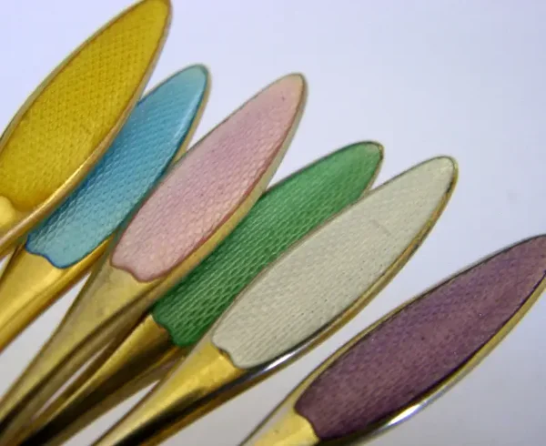 SIX DANISH STERLING SILVER GILT ENAMELLED SPOONS c1960s FRIGAST DENMARK