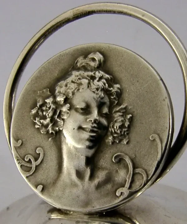 ART NOUVEAU ANTIQUE MAIDEN STERLING SILVER MENU HOLDER 1905 .