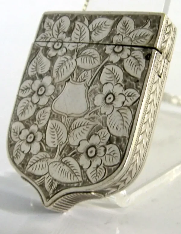RARE VICTORIAN STERLING SILVER SHIELD VESTA MATCH CASE 1884 ANTIQUE