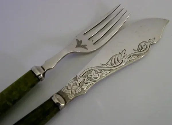 SCOTTISH PROVINCIAL OBAN SILVER PLATE GREEN MARBLE CUTLERY c1910 ANTIQUE CELTIC