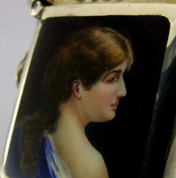 STUNNING STERLING SILVER ENAMEL HAND PAINTED VESTA CASE 1906 ANTIQUE