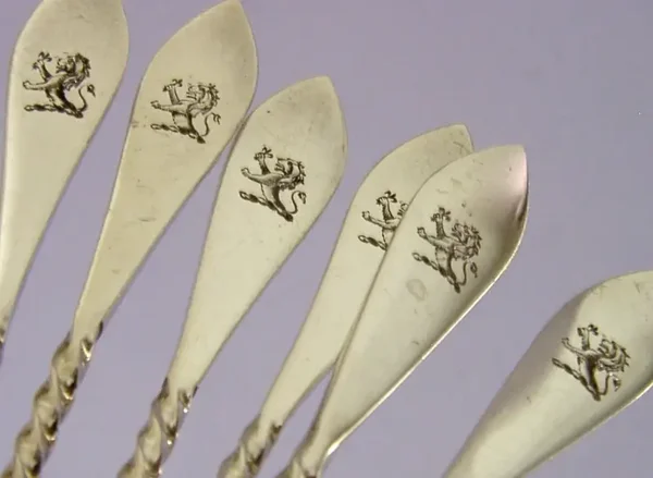 SIX STERLING SILVER BROWN FAMILY CRESTED HORS D'OEUVRE FORKS 1893 ANTIQUE