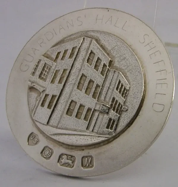 44g JACK SPENCER STERLING SILVER GUARDIAN'S HALL SHEFFIELD SOUVENIR MEDAL 1986