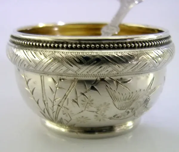 STUNNING VICTORIAN STERLING SILVER BIRDS SALT CELLER & SPOON 1879 AESTHETIC