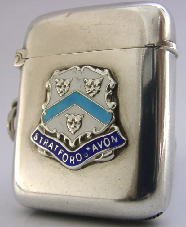 RARE ENGLISH STERLING SILVER ENAMEL STATFORD-ON-AVON VESTA CASE 1912 ANTIQUE
