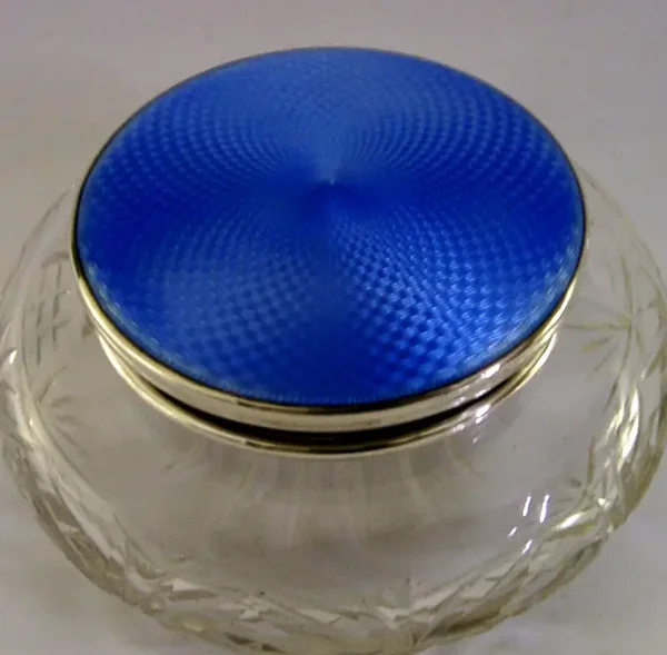 4.25 inch ART DECO STERLING SILVER CUT GLASS BLUE ENAMELLED POT JAR 1930 ANTIQUE