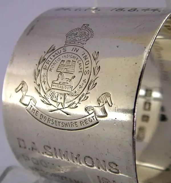 WWI - WW2 STERLING SILVER DORSETSHIRE REG NAPKIN RING 1931 MILITARY ANTIQUE