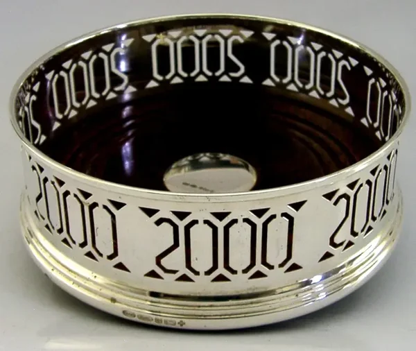 LARGE STERLING SILVER 2000 CHAMPAGNE WINE COASTER BARWARE 5 inch BOXED BARWARE