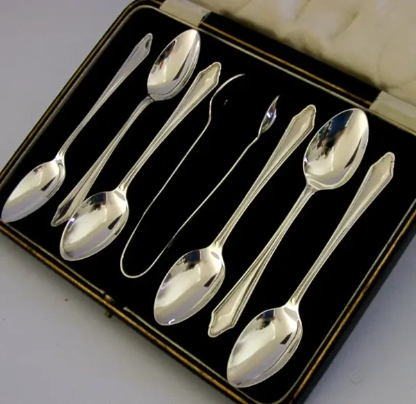 SET OF SIX 88g SOLID STERLING SILVER TEA SPOONS & SUGAR TONGS SET 1931 CASED