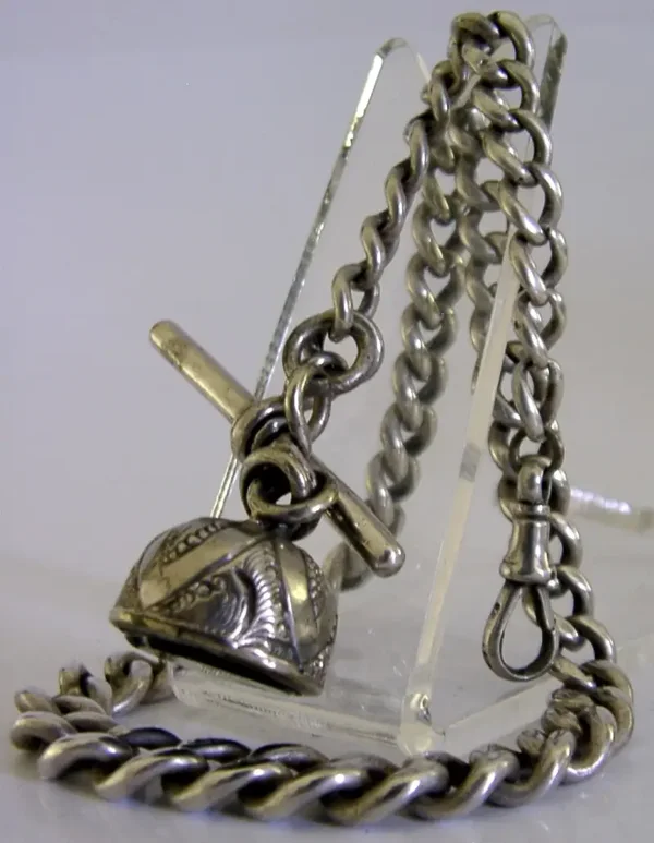 ENGLISH 52g SOLID STERLING SILVER WATCH CHAIN & SEAL FOB 1913 ANTIQUE