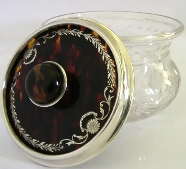 LARGE STERLING SILVER CUT GLASS FAUX TORTOISESHELL POT JAR 1924 ANTIQUE