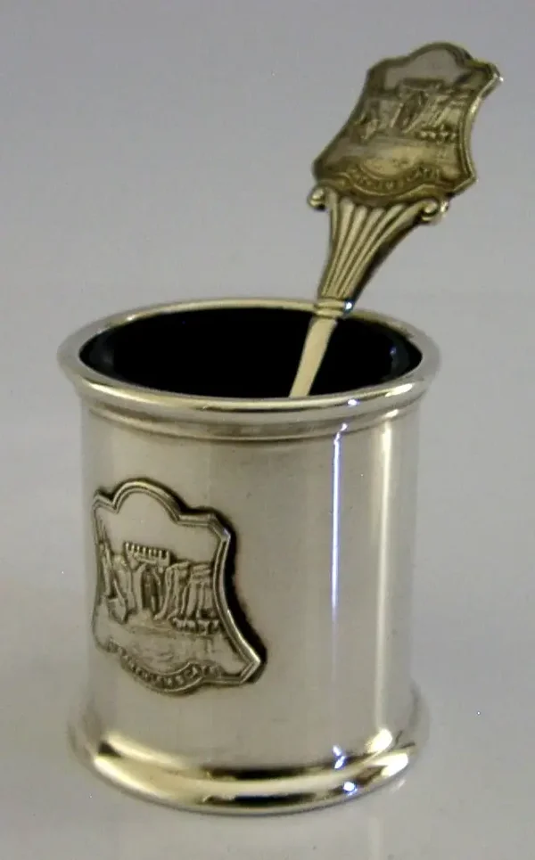 UNUSUAL STERLING SILVER ST BARTHLEM'S GATE LONDON SALT CELLAR & SPOON 1935