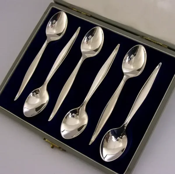 MID CENTURY MODERN GEOFFREY GUY BELLAMY STERLING SILVER SPOONS 1962 CASED