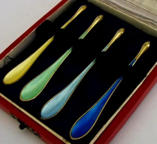 SUPERB DANISH STERLING SILVER GILT ENAMEL LOBSTER CRAB CAVIAR SCOOPS SPOONS 1960