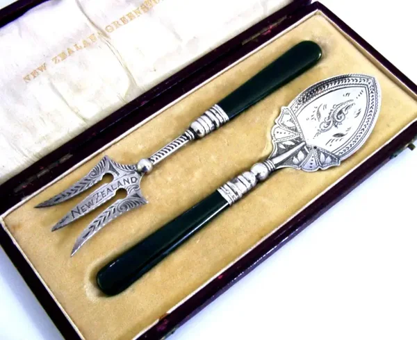 RARE NEW ZEALAND STERLING SILVER JADE JAM SPOON / BREAD or PICKLE FORK c1910