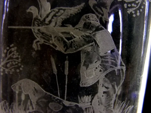 MINT ENGLISH STERLING SILVER ETCHED GLASS HIP FLASK 2016 HUNTING SHOOTING 234g