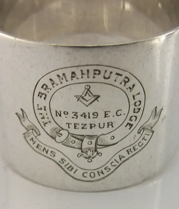 44g INDIAN SOLID SILVER MASONIC NAPKIN RING 1956 BRAMAHPUTRA LODGE No. 3419
