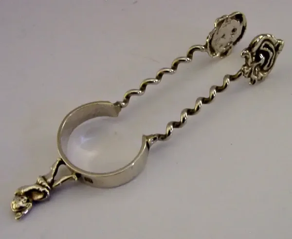 RARE MR PUNCH & JUDY STERLING SILVER SUGAR TONGS 1884 VICTORIAN ANTIQUE