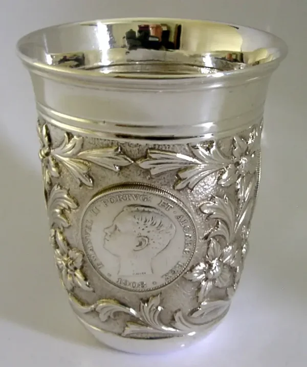 SUPERB HEAVY 140g PORTUGUESE 916 SOLID SILVER COIN BEAKER CUP c1950 MERGULHAO