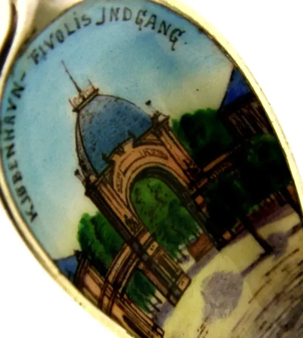 DANISH 830s SOLID SILVER ENAMEL SOUVENIR SPOON c1910 ANTIQUE