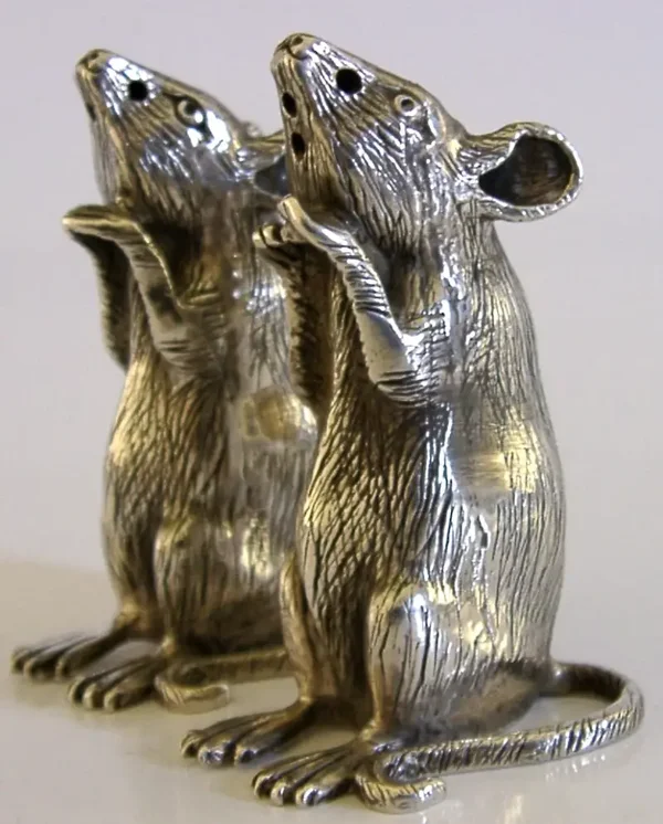 STERLING SILVER MICE SALT & PEPPER POTS CRUET SET c1990 NOVELTY 84g ANIMALS