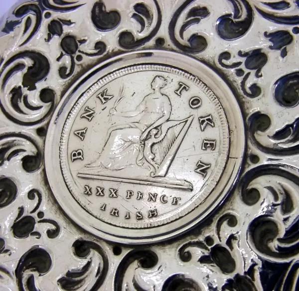 RARE GEORGIAN STERLING SILVER IRISH COIN TOKEN SET DISH 1827 ANTIQUE 62g