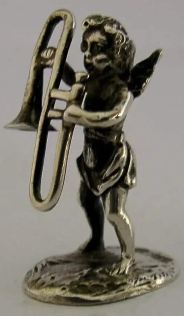 ANTIQUE 1912 STERLING SILVER MINIATURE CHERUB TROMBONE PLAYER UNUSUAL MINIATURE