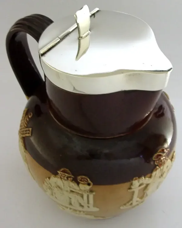 ENGLISH SALT GLAZED STERLING SILVER JUG BEER FLAGON 1905 ANTIQUE 970g HUNTING