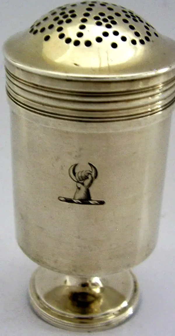 GEORGIAN STERLING SILVER 1808 MUFFINEER CASTER POUNCE POT NAPIER CREST 94g
