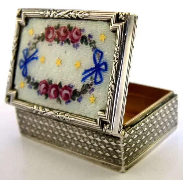 STUNNING STERLING SILVER ENAMEL ENGINE TURNED PILL BOX 1910 ANTIQUE 28g