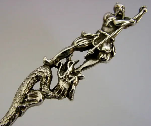RARE JAPANESE DRAGON SLAYER STERLING SILVER SUGAR SIFTER SPOON 1886 ANTIQUE