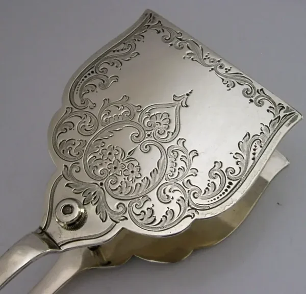 HEAVY STERLING SILVER VEGETABLE SANDWICH SERVING TONGS 1899 ANTIQUE 170g