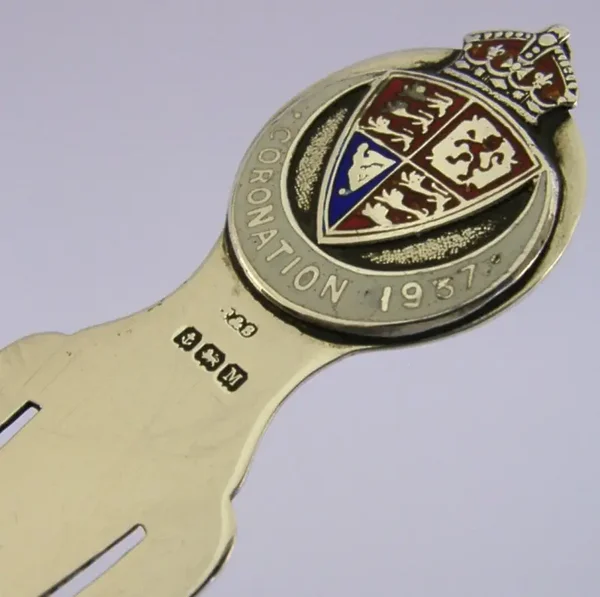 LARGE RARE ENGLISH SOLID STERLING SILVER ENAMEL ROYAL CORONATION BOOKMARK 1937