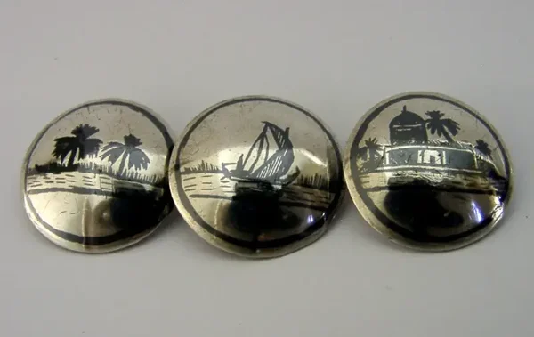 UNUSUAL SET of THREE EASTERN SOLID SILVER NIELLO BUTTONS c1920s ANTIQUE