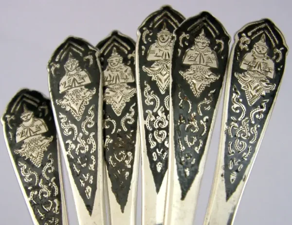 SIX BEAUTIFUL THAILAND SOLID STERLING SILVER SPOONS c1940s ANTIQUE 52g THAI