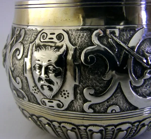 STRANGE DEVIL DECORATED BOWL CUP c1880 STERLING SILVER ANTIQUE QUEEN ANNE COIN