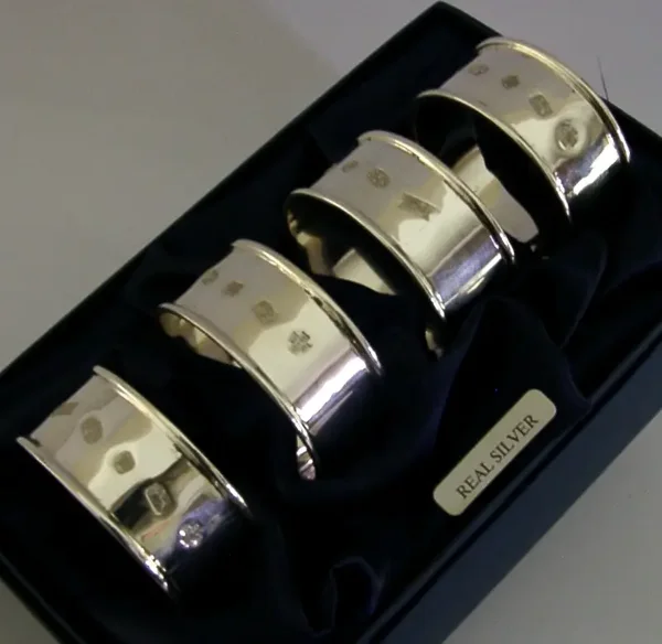 FOUR ENGLISH SOLID STERLING SILVER NAPKIN RINGS 2000 BOXED