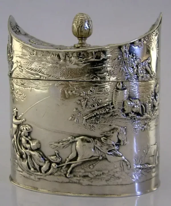 RARE HANAU SOLID SILVER TROIKA SLEDGE TEA CADDY CANISTER BOX c1890 ANTIQUE 132g