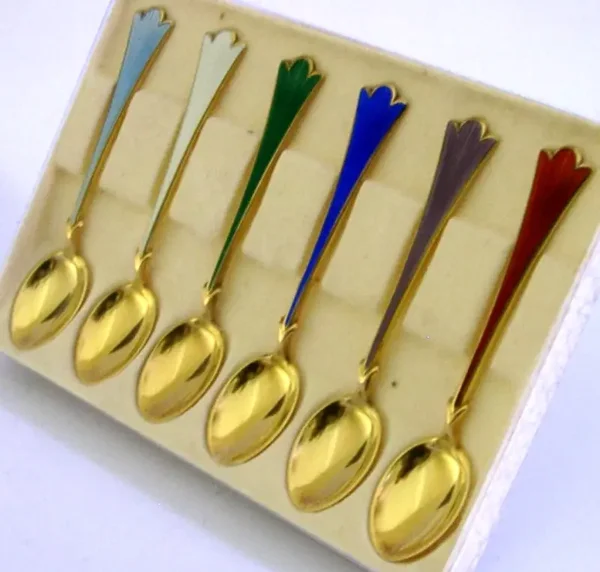 BOXED SIX BEAUTIFUL NORWEGIAN SOLID STERLING SILVER GILT ENAMEL SPOONS c1970s