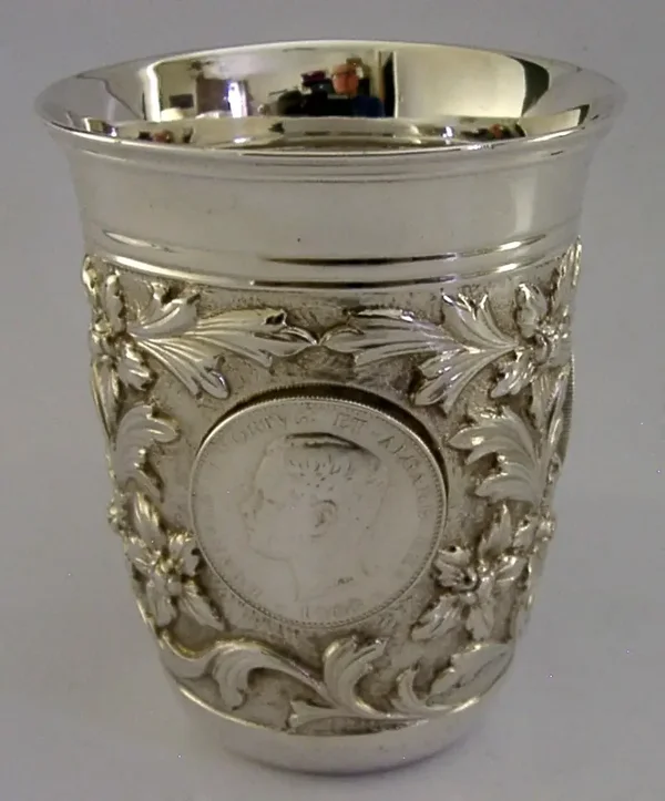 SUPERB HEAVY 142g PORTUGUESE 916 SOLID SILVER COIN BEAKER CUP c1950 MERGULHAO