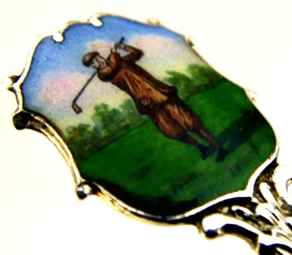 ANTIQUE ENGLISH STERLING SILVER ENAMEL GOLF SPOON 1927 ART DECO GOLFING
