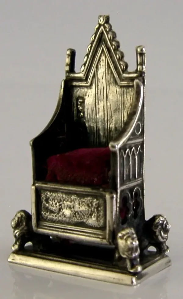 RARE STERLING SILVER MINIATURE CORONATION CHAIR PIN CUSHION 1901 ROYAL ANTIQUE