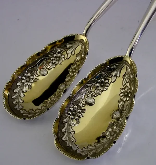 STUNNING SOLID STERLING SILVER MOTHER of PEARL SERVING SPOONS 1906 ANTIQUE