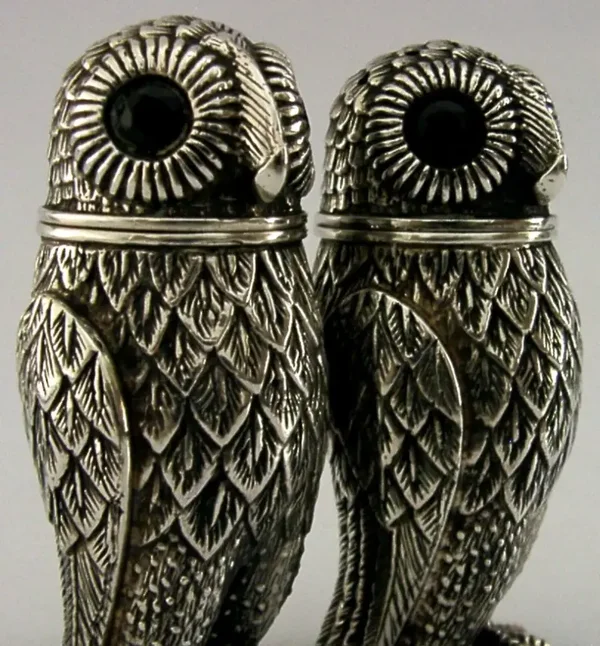 HEAVY 193g SOLID SILVER OWL SALT & PEPPER POTS CRUET SET c1990 NOVELTY BIRDS
