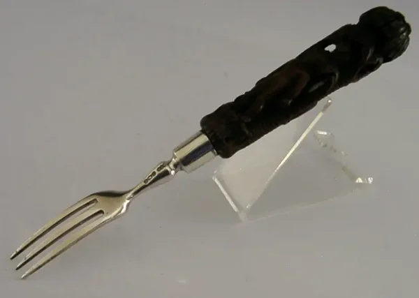 17th CENTURY CARVED WOODEN HANDLED FORK STERLING SILVER 1937 CHERUBS ANTIQUE