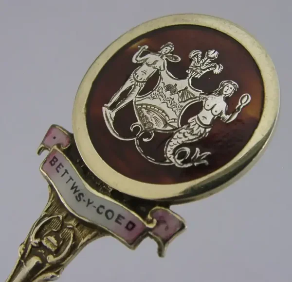 STERLING SILVER GILT ENAMEL BETTWS-Y-COED WELSH SOUVENIR SPOON 1938
