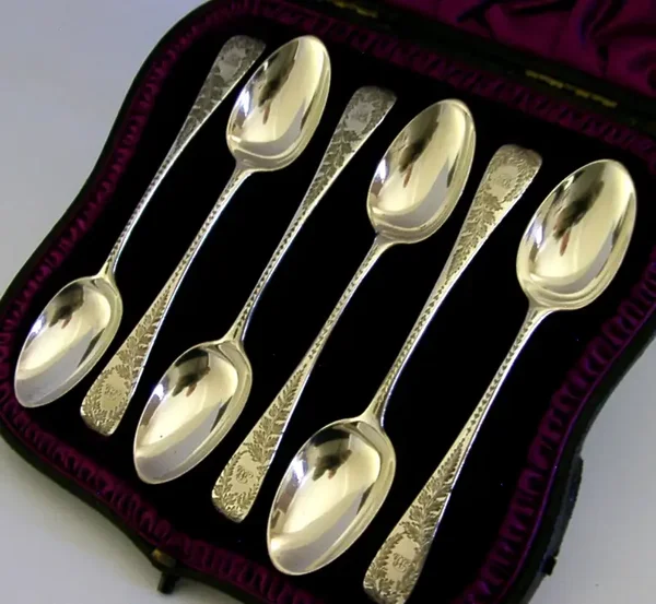 SIX ANTIQUE 1888 STERLING SILVER SPOONS CASED VICTORIAN ANTIQUE
