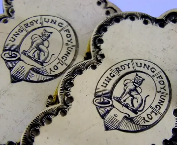 SUPER STERLING SILVER GILT BURKE FAMILY CRESTED SERVING SPOONS 1907 ANTIQUE 124g